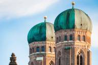 Towers of the Frauenkirche in Munich taken from the air.