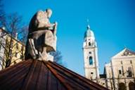 A statue and a church at Josephsplatz in the Maxvorstadt in Munich