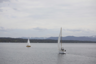 Two white sailboats cruise Lake Starnberg with the mountains in the background.