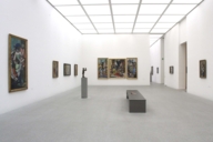 Exhibition room with paintings in the Pinakothek der Moderne in Munich.