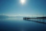 Lake Chiemsee with the Bavarian Alps in the background.