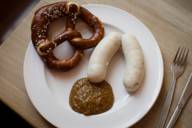 Weisswürste with pretzel and sweet mustard in Munich.