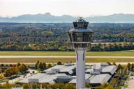 Tower at Munich Airport, in the background the Alps