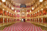 Interior view of an empty auditorium of the Cuvillies Theatre in Munich.