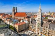 Panoramic view of the innercity of Munich with the Marienplatz, Neues Rathaus and Frauenkirche.