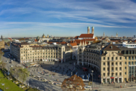 Panoramic view of Karlsplatz / Stachus in Munich with the Frauenkirche in the background photographed from the air.