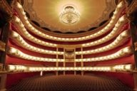 Interior view of an empty auditorium of the Bayerischen Staatsoper in Munich.