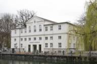 A front view of the new Alpine Museum on the Praterinsel on the Isar river