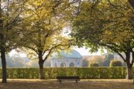 A park bench in the Hofgarten in Munich in autumn with the Temple of Diana in the background.