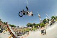 A BMX rider does tricks during the Munich Mash at the Olympiapark.