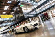 White Mercedes classic car limousine at Motorworld Munich