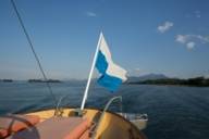 Stern of a boat on the Herrenchiemsee in the hinterland of Munich.