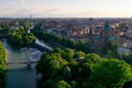 The river Isar in Munich with the Praterinsel in the foreground photographed from above with a drone