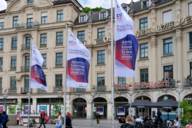 The flags of the European Stroke Organisation Conference on Karlsplatz Stachus in Munich.