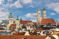 Skyline of Munich with the Frauenkirche in Munich and several other towers. 