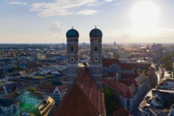 The towers of the Frauenkirche in Munich taken from the air with a drone.