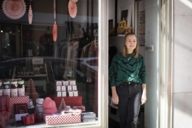 Stephanie Zürn standing in the door of her store Capricorn Store in Munich.