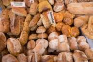 Bread and rolls at the weekly market at Hans-Mielich-Platz in Munich.