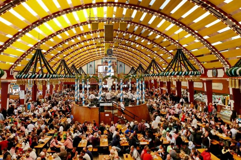 Interior view of the Löwenbräu beer tent at the Oktoberfest in Munich.