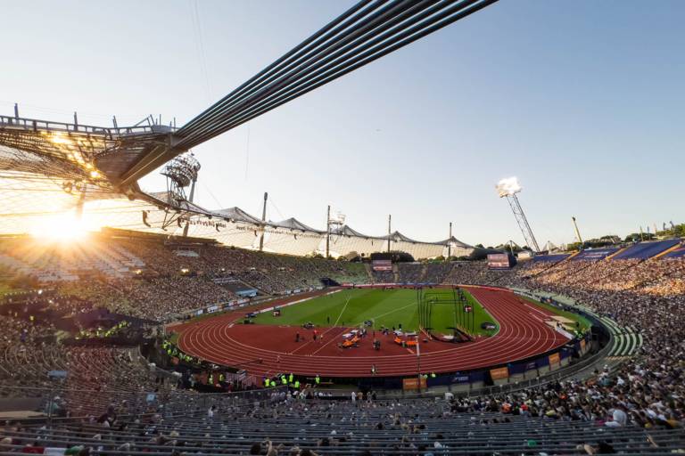 View of the Olympic Stadium Munich at sunset during the European Championships 2022.