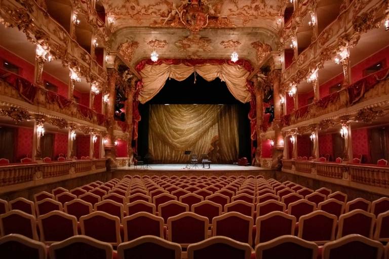 Interior view of the empty auditorium at Cuvilliés-Theatre in Munich.