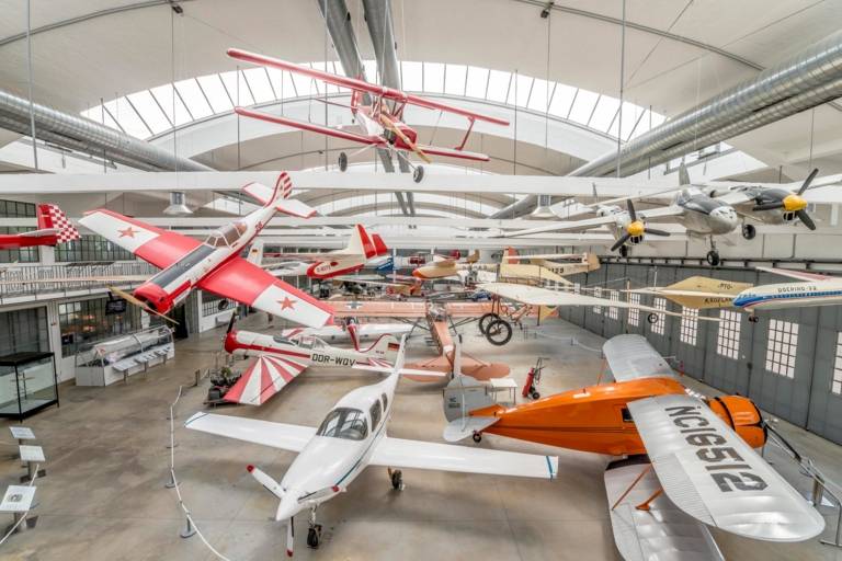 Historic aircraft stand in the hangar of the Flugwerft Schleißheim of the German Museum