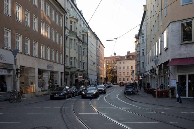 View of the Reichenbachstrasse in the Glockenbachviertel in Munich