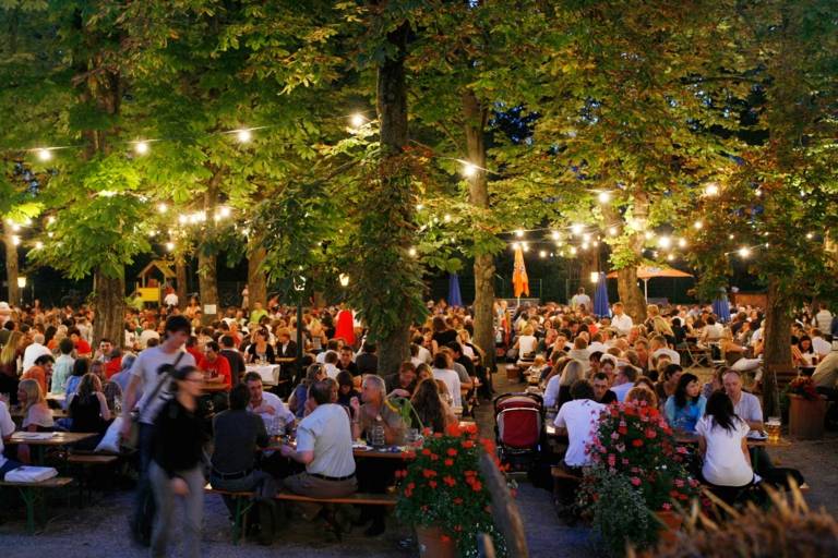 Beer garden in Munich at night. 