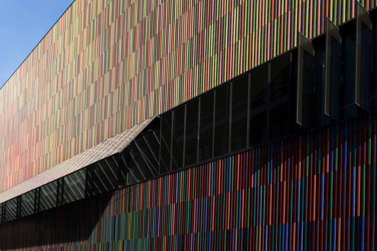 View of the colourful facade of the Museum Brandhorst in Munich, consisting of 36,000 coloured rods.