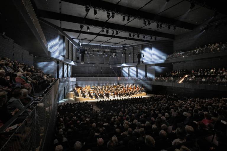 Vista del escenario de una sala de conciertos durante un concierto.