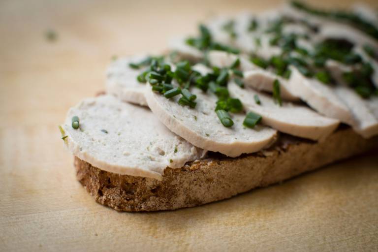 Bread with Gelbwurst and chives in Munich.