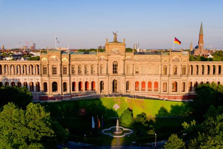 Maximilianeum in Munich photographed from above with a drone in the late afternoon