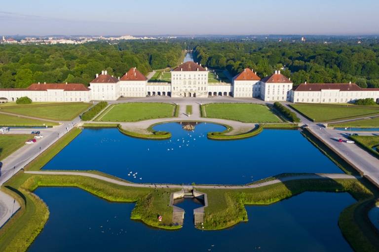 Nymphenburg Palace in Munich photographed from above with a drone.