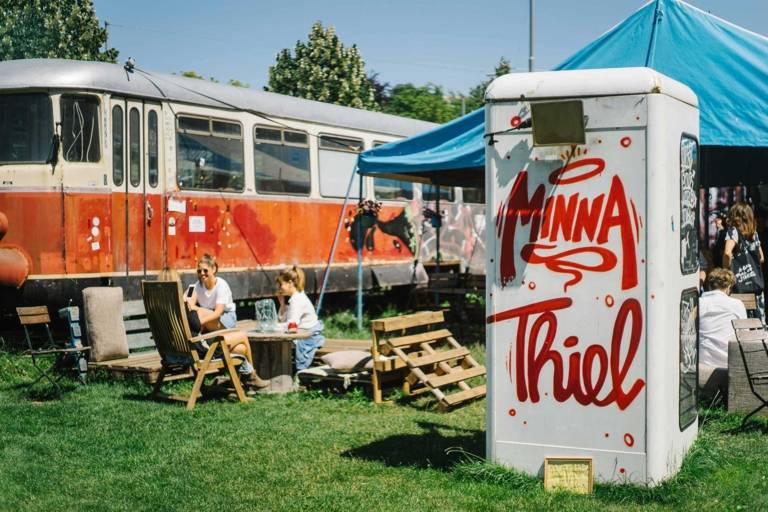 Minna Thiel, a discarded locomotive in Munich in front of the University of Television and Film