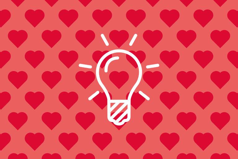 Bulb-Icon on a red background with hearts