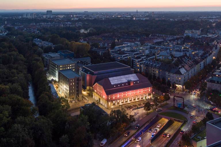 Bird's eye view of the Isar Philharmonic in Munich-Sendling and the other buildings of the Gasteig HP 8 at night