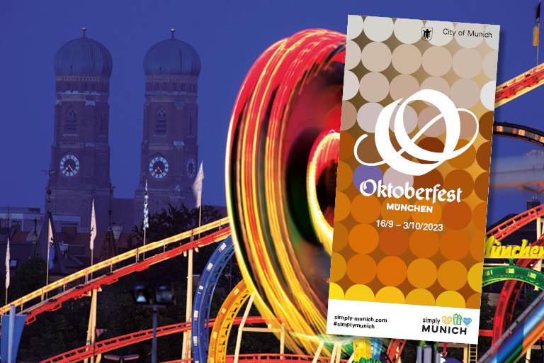 Brochure semplicemente Oktoberfest, sullo sfondo ruota panoramica e giostra a catena a Theresienwiese