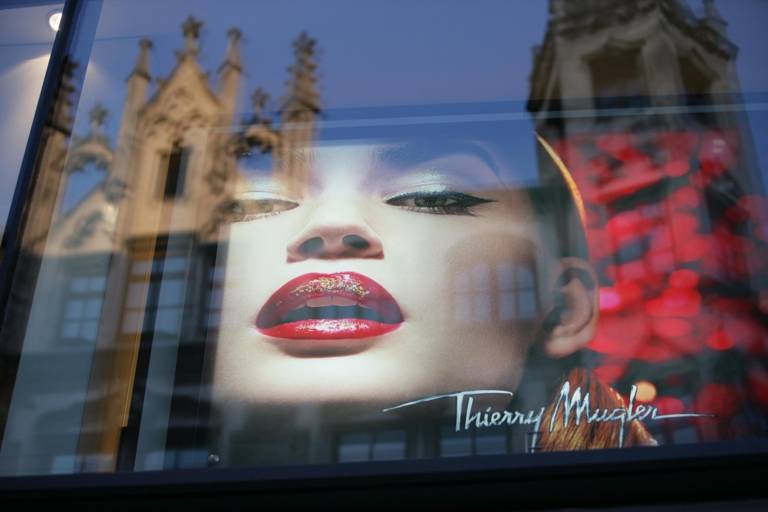 A view of a church reflected in a shop window in Munich.