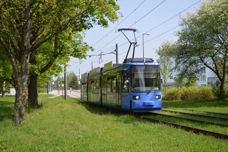 An MVG tram travels through green Munich