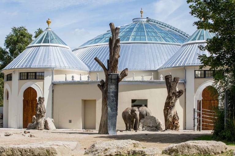 La casa degli elefanti con gli elefanti dello zoo di Hellabrunn a Monaco.